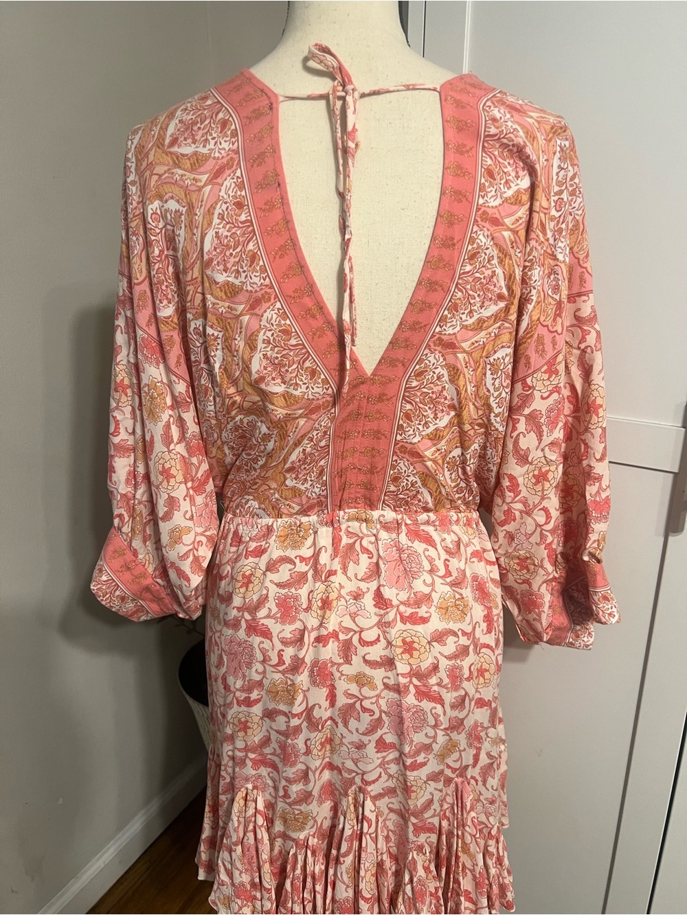 Aakaa Pink Coral Paisley V-Neck Drawstring Mini Dress - Picture 10 of 11